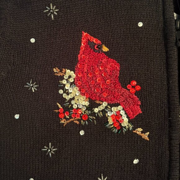 VTG Ugly Christmas Cardigan Sweater Sequined Cardinal Birds Beaded Sz XL Birder - Picture 9 of 12